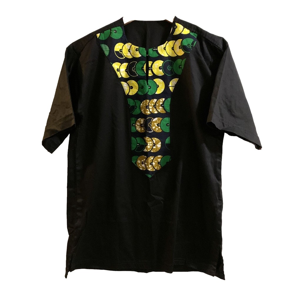Traditional African Dashiki Men Black Green Size SMALL Short Sleeve Handmade